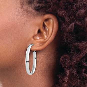 Rhodium Over 14k White Gold 1 3/4" High Polished Oval Hoop Earrings