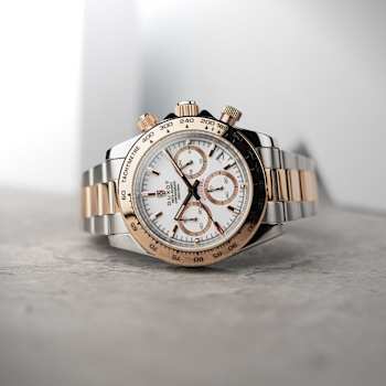 Duxot Accelero White Dial Rose Bezel Two-tone Stainless Steel Band
Chronograph Watch