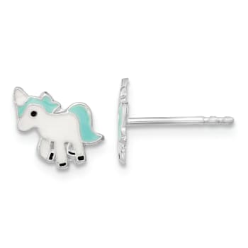 Rhodium Over Sterling Silver Enamel Unicorn Post Earrings