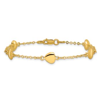 14k Yellow Gold Brushed and Polished Hearts Station Bracelet