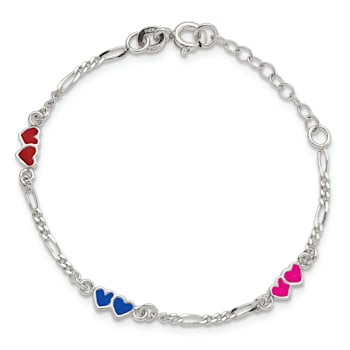 Sterling Silver Enameled Double Heart with 1-inch Extensions Children's Bracelet