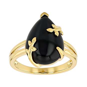Black Spinel Pear Solitaire Ring In 18K Gold Over Sterling Silver 8.64ct