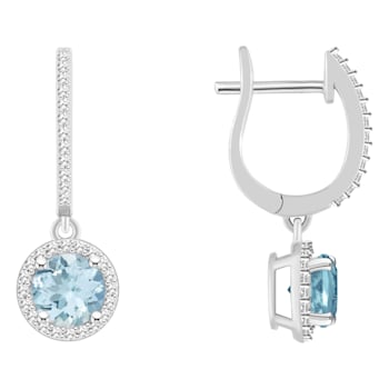 6mm Round Aquamarine 1/3 ctw Diamond Rhodium Over Sterling Silver Halo
Dangle Earrings