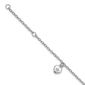 Rhodium Over Sterling Silver  Cubic Zirconia Heart with 1-inch Extension Bracelet