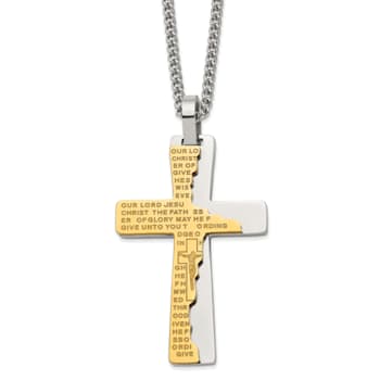Stainless Steel Polished Yellow IP-plated Etched Broken Prayer Cross
24-inch Necklace