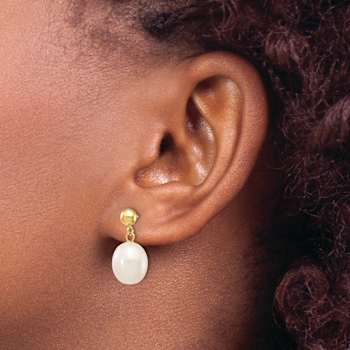 10k Yellow Gold 8-9mm White Rice Freshwater Cultured Pearl Dangle Earrings