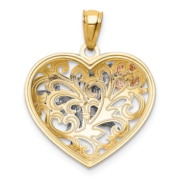 14k Tri-color Gold Textured Butterfly Heart Pendant