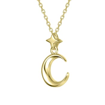 Celestial Crescent Moon And Star Drop Necklace In 14K Gold Over Brass