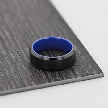 RIGEL Flat Beveled Edges Black Tungsten Ring with Brushed Center and
Vibrant Blue Ceramic Inside 8mm