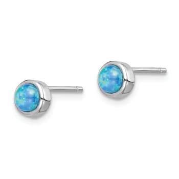 Rhodium Over Sterling Silver Polished 5mm Created Opal Round Stud Earrings