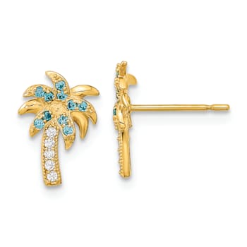 14k Yellow Gold Textured Blue and Clear Cubic Zirconia Palm Tree Stud Earrings