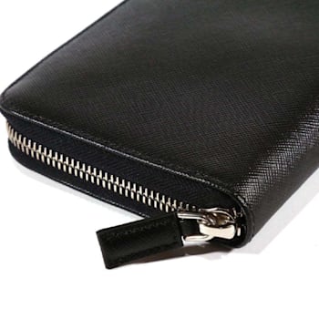 Prada Saffiano Active Black Leather Stripe Zip Around Wallet