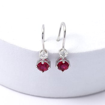 Red Lab Created Ruby With Moissanite Accents Rhodium Over Silver Dangle Earrings