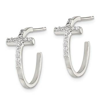 Rhodium Over Sterling Silver Cubic Zirconia Cross Hoop Earrings