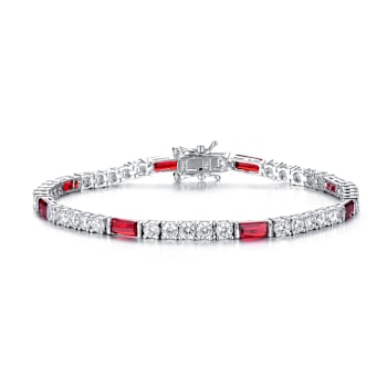 Ruby Color CZ And White CZ Tennis Bracelet In Sterling Silver