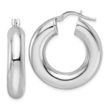 Rhodium Over Sterling Silver Polished 6mm Hollow Tube Hoop Earrings