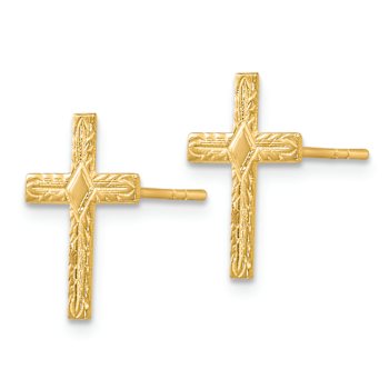 14k Yellow Gold Polished and Textured Cross Stud Earrings