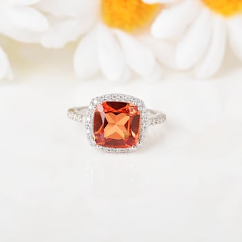 Peach Orange Lab Created Padparadscha Sapphire Rhodium Over Sterling
Silver Cushion Cut Halo Ring