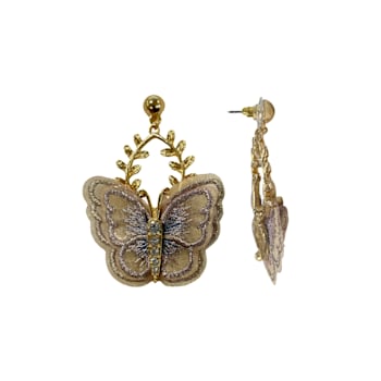 Gold Tone Neutral Tone Fabric Butterfly Earrings