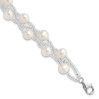 Rhodium Over Sterling Silver 7-9mm Freshwater Cultured Pearl And Glass
Beaded Multi-strand Bracelet