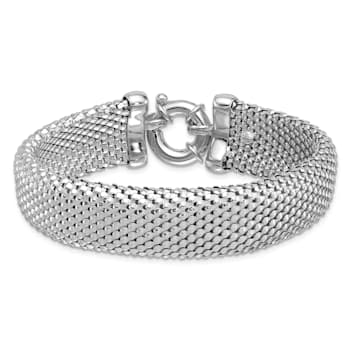 Rhodium Over Sterling Silver Polished and Mesh Snake Textured Bracelet