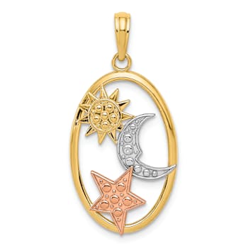14K Tri-color Gold Textured Sun, Moon and Star Oval Pendant
