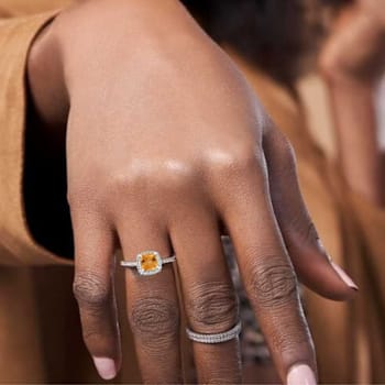Natural Yellow Citrine Cushion Cut Halo  Ring with Moissanite Accents
Sterling Silver Ring