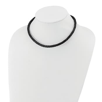 Stainless Steel Polished 6mm Woven Black Leather 19.5 Inch Necklace