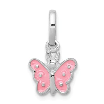 Rhodium Over Sterling Silver Pink Enameled Butterfly Children's Pendant