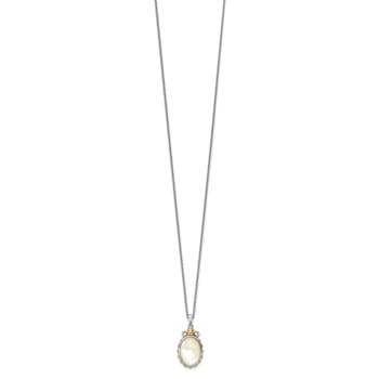Sterling Silver Antiqued with 14K Accent Floral Oval Mother Of Pearl Necklace