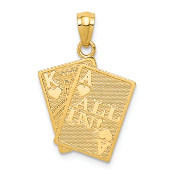 14k Yellow Gold Textured Ace of Hearts and King of Hearts All In Cards Pendant