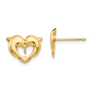 14K Yellow Gold Heart Dolphins Post Earrings