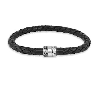 Mens Black Leather Braided Rope Bracelet with Stainless Steel Magnetic Closure