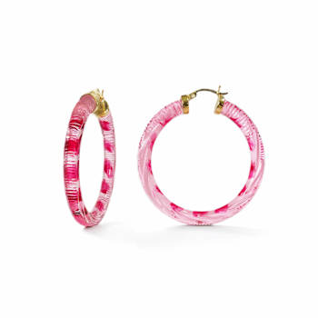 14K Yellow Gold Over Sterling Silver Painted Hoops in Pink Stripe