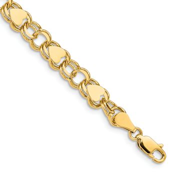 10k Yellow Gold 7mm Double Link with Hearts Charm Bracelet