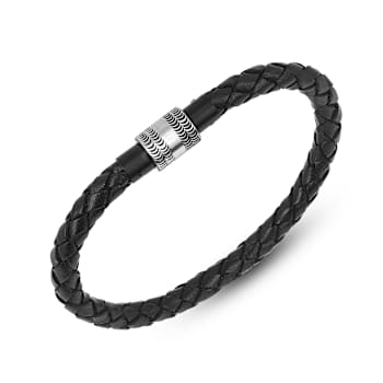 Mens Black Leather Braided Rope Bracelet with Stainless Steel Magnetic Closure