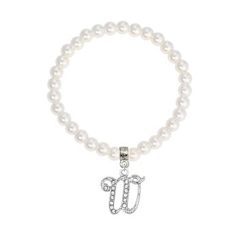 White Faux Pearl Bead Initial Charm Stretch Bracelet