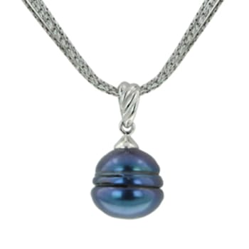 12-13mm Off-Round Black Freshwater Pearl Sterling Silver Pendant with
Multi-Row Chain