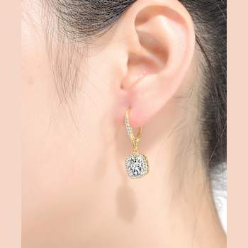 Square CZ Halo Drop Earrings In 14K Gold Over Sterling Silver