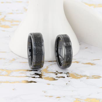 VESUVIUS Men’s Polished Black Ceramic Band with Lava Rock Stone Inlay
& Polished Beveled Edges 8mm