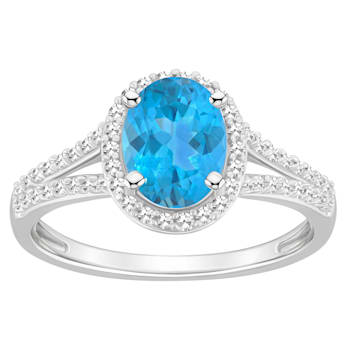 8x6mm Oval Blue Topaz 1/4 ctw Diamond Rhodium Over Sterling Silver Halo Ring