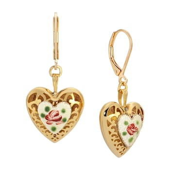 Textured Heart Floral Enamel Center Leverback Earrings