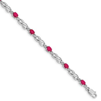 Rhodium Over 10k White Gold Diamond and Composite Ruby Bracelet