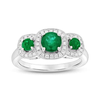 Emerald and Diamond 14k White Gold 3-Stone Design Ring 0.95ctw