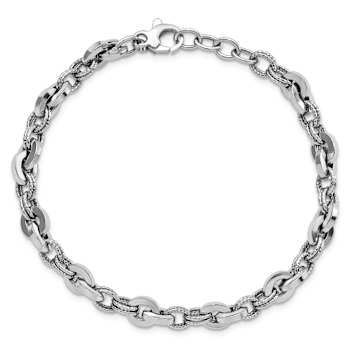 Rhodium Over 14k White Gold Polished and Textured Fancy Link Bracelet