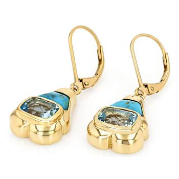 Blue Topaz And Inlay Turquoise Dangle Earrings In 18K Gold Over Sterling
Silver 2.89ctw