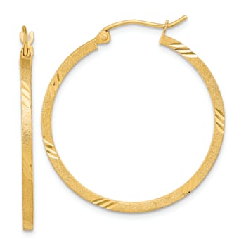 14k Yellow Gold Satin Diamond-cut 1 1/4" Square Tube Hoop Earrings