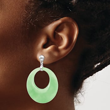 Rhodium Over Sterling Silver Polished Jadeite Circle Post Dangle Earrings