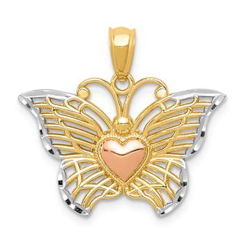 14k Two-tone Gold with Rhodium Over 14k Yellow Gold Butterfly with Heart Pendant