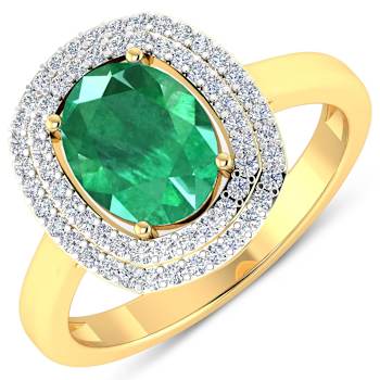 1.81ctw Green Emerald and Diamond 14K Yellow Gold Halo Ring